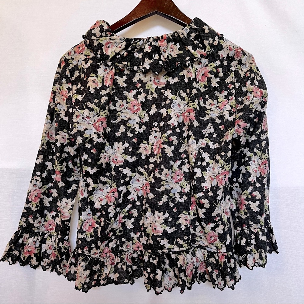 LRL Lauren Jeans Black Floral Ruffled Button Down Romantic Blouse. Size S - Picture 2 of 15